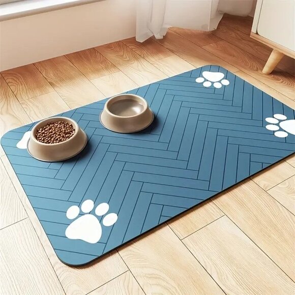 Non-slip Soft Absorbent Pet Dining Mat 11.8in x 19.7in Blue w/  White Dog Paws - Picture 1 of 3